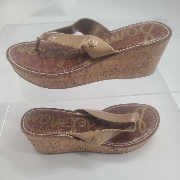 SAM EDELMAN 9.5 M ROMY Platform Flip Flop Sandals Beige Cork Wedge Womens - Picture 2 of 9